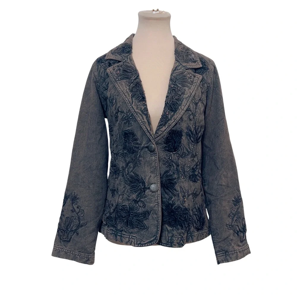Coldwater Creek Womens Blazer 6 Brown Embroidered Beaded Floral Western Whimsy